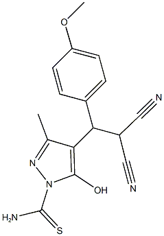 4-[2,2-dicyano-1-(4-methoxyphenyl)ethyl]-5-hydroxy-3-methyl-1H-pyrazole-1-carbothioamide Struktur