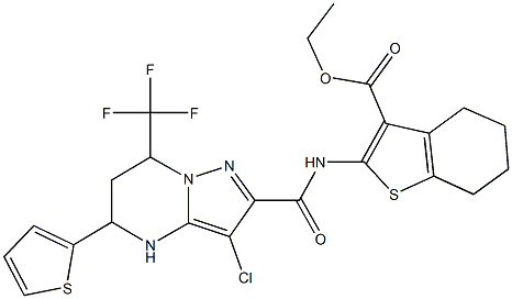 ethyl 2-({[3-chloro-5-(2-thienyl)-7-(trifluoromethyl)-4,5,6,7-tetrahydropyrazolo[1,5-a]pyrimidin-2-yl]carbonyl}amino)-4,5,6,7-tetrahydro-1-benzothiophene-3-carboxylate Struktur