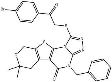 4-benzyl-1-{[2-(4-bromophenyl)-2-oxoethyl]sulfanyl}-7,7-dimethyl-6,9-dihydro-7H-pyrano[4',3':4,5]thieno[3,2-e][1,2,4]triazolo[4,3-a]pyrimidin-5(4H)-one Struktur