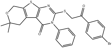 2-{[2-(4-bromophenyl)-2-oxoethyl]sulfanyl}-6,6-dimethyl-3-phenyl-3,5,6,8-tetrahydro-4H-pyrano[4',3':4,5]thieno[2,3-d]pyrimidin-4-one Struktur