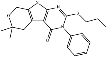 6,6-dimethyl-3-phenyl-2-(propylsulfanyl)-3,5,6,8-tetrahydro-4H-pyrano[4',3':4,5]thieno[2,3-d]pyrimidin-4-one Struktur