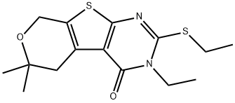 3-ethyl-2-(ethylsulfanyl)-6,6-dimethyl-3,5,6,8-tetrahydro-4H-pyrano[4',3':4,5]thieno[2,3-d]pyrimidin-4-one Struktur