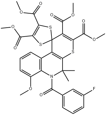 tetramethyl 6-(3-fluorobenzoyl)-7-methoxy-5,5-dimethyl-5,6-dihydrospiro(1H-thiopyrano[2,3-c]quinoline-1,2'-[1,3]-dithiole)-2,3,4',5'-tetracarboxylate Struktur