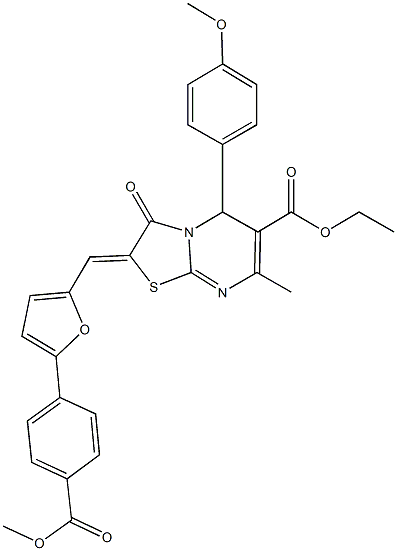 ethyl2-({5-[4-(methoxycarbonyl)phenyl]-2-furyl}methylene)-5-(4-methoxyphenyl)-7-methyl-3-oxo-2,3-dihydro-5H-[1,3]thiazolo[3,2-a]pyrimidine-6-carboxylate Struktur