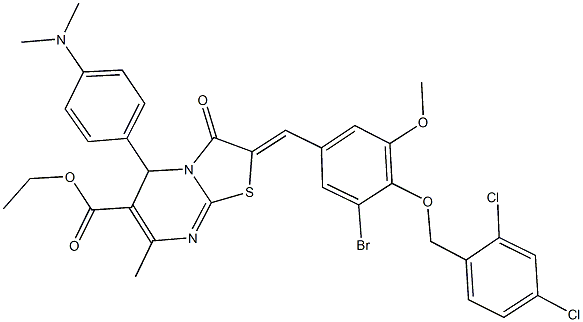 ethyl 2-{3-bromo-4-[(2,4-dichlorobenzyl)oxy]-5-methoxybenzylidene}-5-[4-(dimethylamino)phenyl]-7-methyl-3-oxo-2,3-dihydro-5H-[1,3]thiazolo[3,2-a]pyrimidine-6-carboxylate Struktur