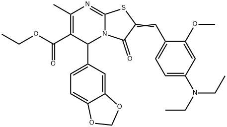 ethyl 5-(1,3-benzodioxol-5-yl)-2-[4-(diethylamino)-2-methoxybenzylidene]-7-methyl-3-oxo-2,3-dihydro-5H-[1,3]thiazolo[3,2-a]pyrimidine-6-carboxylate Struktur