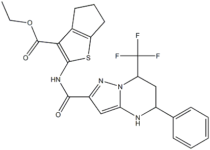 ethyl 2-({[5-phenyl-7-(trifluoromethyl)-4,5,6,7-tetrahydropyrazolo[1,5-a]pyrimidin-2-yl]carbonyl}amino)-5,6-dihydro-4H-cyclopenta[b]thiophene-3-carboxylate Struktur