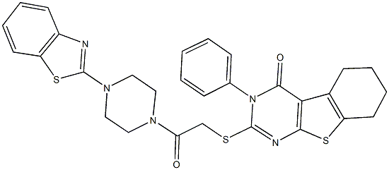 2-({2-[4-(1,3-benzothiazol-2-yl)-1-piperazinyl]-2-oxoethyl}sulfanyl)-3-phenyl-5,6,7,8-tetrahydro[1]benzothieno[2,3-d]pyrimidin-4(3H)-one Struktur