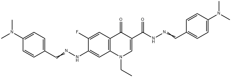 N'-[4-(dimethylamino)benzylidene]-7-{2-[4-(dimethylamino)benzylidene]hydrazino}-1-ethyl-6-fluoro-4-oxo-1,4-dihydro-3-quinolinecarbohydrazide Struktur