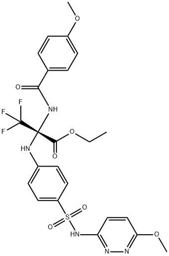 ethyl 3,3,3-trifluoro-2-[(4-methoxybenzoyl)amino]-2-(4-{[(6-methoxy-3-pyridazinyl)amino]sulfonyl}anilino)propanoate Struktur