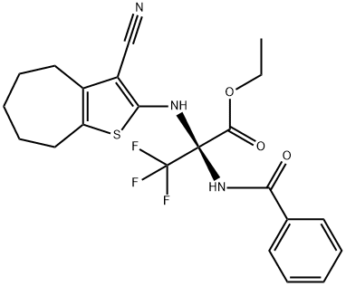 ethyl 2-(benzoylamino)-2-[(3-cyano-5,6,7,8-tetrahydro-4H-cyclohepta[b]thiophen-2-yl)amino]-3,3,3-trifluoropropanoate Struktur