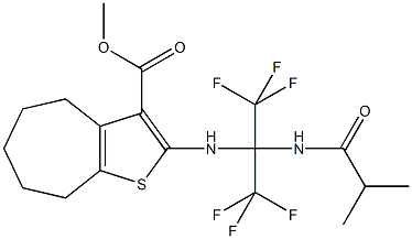 methyl 2-{[2,2,2-trifluoro-1-(isobutyrylamino)-1-(trifluoromethyl)ethyl]amino}-5,6,7,8-tetrahydro-4H-cyclohepta[b]thiophene-3-carboxylate Struktur