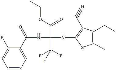 ethyl 2-[(3-cyano-4-ethyl-5-methyl-2-thienyl)amino]-3,3,3-trifluoro-2-[(2-fluorobenzoyl)amino]propanoate Struktur