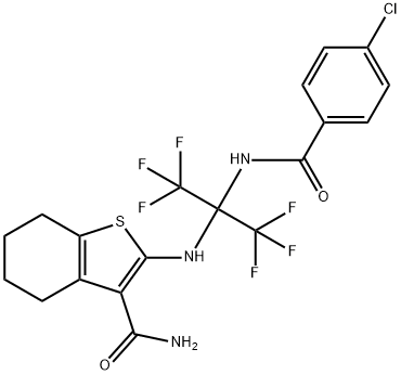 2-{[1-[(4-chlorobenzoyl)amino]-2,2,2-trifluoro-1-(trifluoromethyl)ethyl]amino}-4,5,6,7-tetrahydro-1-benzothiophene-3-carboxamide Struktur