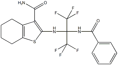 2-{[1-(benzoylamino)-2,2,2-trifluoro-1-(trifluoromethyl)ethyl]amino}-4,5,6,7-tetrahydro-1-benzothiophene-3-carboxamide Struktur