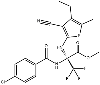 methyl 2-[(4-chlorobenzoyl)amino]-2-[(3-cyano-4-ethyl-5-methyl-2-thienyl)amino]-3,3,3-trifluoropropanoate Struktur