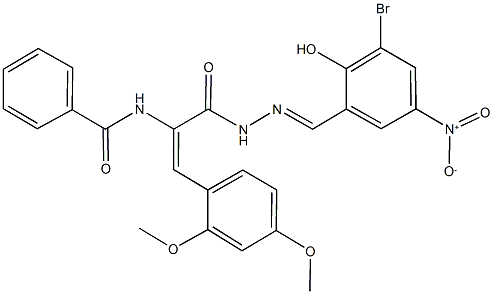 N-[1-[(2-{3-bromo-2-hydroxy-5-nitrobenzylidene}hydrazino)carbonyl]-2-(2,4-dimethoxyphenyl)vinyl]benzamide Struktur