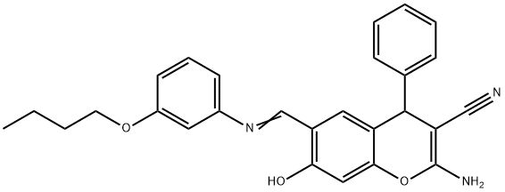 2-amino-6-{[(3-butoxyphenyl)imino]methyl}-7-hydroxy-4-phenyl-4H-chromene-3-carbonitrile Struktur