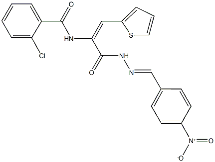 2-chloro-N-[1-[(2-{4-nitrobenzylidene}hydrazino)carbonyl]-2-(2-thienyl)vinyl]benzamide Struktur