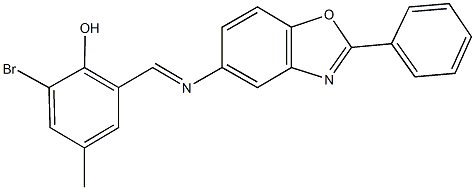 2-bromo-4-methyl-6-{[(2-phenyl-1,3-benzoxazol-5-yl)imino]methyl}phenol Struktur