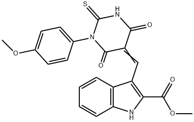 methyl 3-[(1-(4-methoxyphenyl)-4,6-dioxo-2-thioxotetrahydro-5(2H)-pyrimidinylidene)methyl]-1H-indole-2-carboxylate Struktur