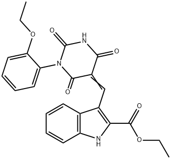 ethyl 3-[(1-(2-ethoxyphenyl)-2,4,6-trioxotetrahydro-5(2H)-pyrimidinylidene)methyl]-1H-indole-2-carboxylate Struktur