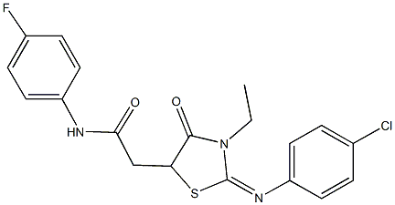 2-{2-[(4-chlorophenyl)imino]-3-ethyl-4-oxo-1,3-thiazolidin-5-yl}-N-(4-fluorophenyl)acetamide Struktur