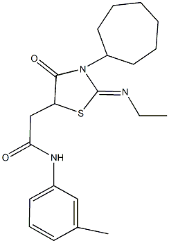 2-[3-cycloheptyl-2-(ethylimino)-4-oxo-1,3-thiazolidin-5-yl]-N-(3-methylphenyl)acetamide Struktur