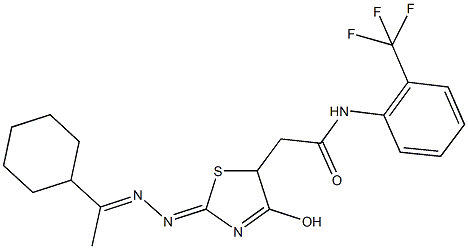 2-{2-[(1-cyclohexylethylidene)hydrazono]-4-hydroxy-2,5-dihydro-1,3-thiazol-5-yl}-N-[2-(trifluoromethyl)phenyl]acetamide Struktur