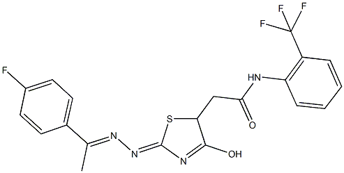 2-(2-{[1-(4-fluorophenyl)ethylidene]hydrazono}-4-hydroxy-2,5-dihydro-1,3-thiazol-5-yl)-N-[2-(trifluoromethyl)phenyl]acetamide Struktur