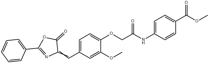 methyl 4-[({2-methoxy-4-[(5-oxo-2-phenyl-1,3-oxazol-4(5H)-ylidene)methyl]phenoxy}acetyl)amino]benzoate Struktur