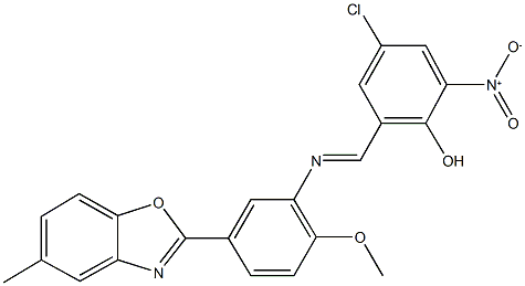 4-chloro-2-nitro-6-({[2-methoxy-5-(5-methyl-1,3-benzoxazol-2-yl)phenyl]imino}methyl)phenol Struktur