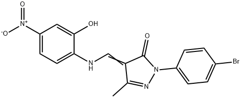 2-(4-bromophenyl)-4-({2-hydroxy-4-nitroanilino}methylene)-5-methyl-2,4-dihydro-3H-pyrazol-3-one Struktur