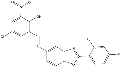 4-chloro-2-({[2-(2,4-difluorophenyl)-1,3-benzoxazol-5-yl]imino}methyl)-6-nitrophenol Struktur