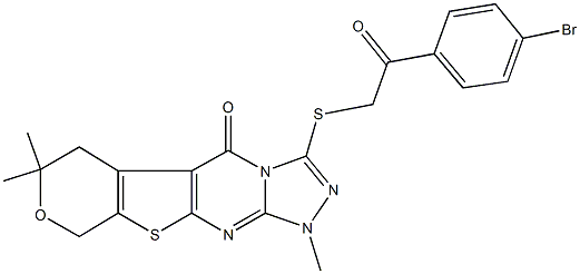 3-{[2-(4-bromophenyl)-2-oxoethyl]sulfanyl}-1,7,7-trimethyl-1,6,7,9-tetrahydro-5H-pyrano[4',3':4,5]thieno[2,3-d][1,2,4]triazolo[4,3-a]pyrimidin-5-one Struktur