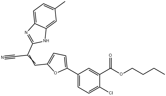 butyl 2-chloro-5-{5-[2-cyano-2-(6-methyl-1H-benzimidazol-2-yl)vinyl]-2-furyl}benzoate Struktur