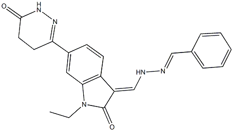 benzaldehyde {[1-ethyl-2-oxo-6-(6-oxo-1,4,5,6-tetrahydro-3-pyridazinyl)-1,2-dihydro-3H-indol-3-ylidene]methyl}hydrazone Struktur