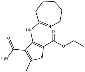 ethyl 4-(aminocarbonyl)-3-(2-azepanylideneamino)-5-methyl-2-thiophenecarboxylate Struktur