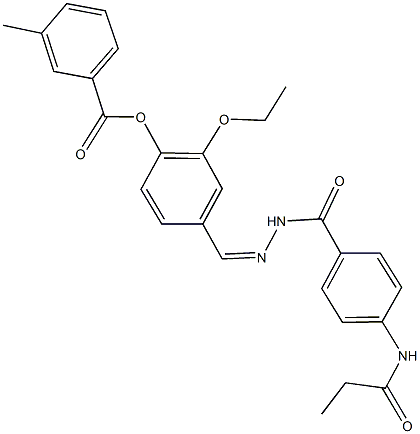 2-ethoxy-4-{2-[4-(propionylamino)benzoyl]carbohydrazonoyl}phenyl 3-methylbenzoate Struktur