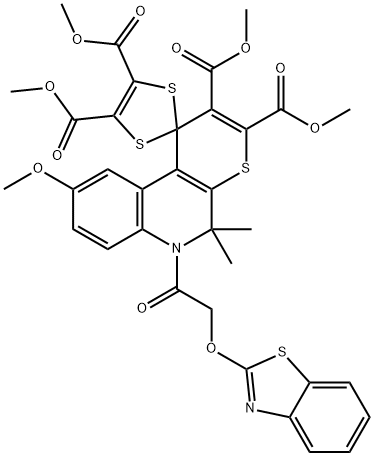 tetramethyl 6'-[(1,3-benzothiazol-2-yloxy)acetyl]-9'-methoxy-5',5'-dimethyl-5',6'-dihydrospiro[1,3-dithiole-2,1'-(1'H)-thiopyrano[2,3-c]quinoline]-2',3',4,5-tetracarboxylate Struktur