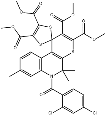 tetramethyl 6'-(2,4-dichlorobenzoyl)-5',5',8'-trimethyl-5',6'-dihydrospiro[1,3-dithiole-2,1'-(1'H)-thiopyrano[2,3-c]quinoline]-2',3',4,5-tetracarboxylate Struktur