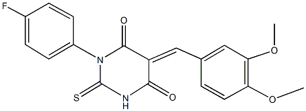 5-(3,4-dimethoxybenzylidene)-1-(4-fluorophenyl)-2-thioxodihydro-4,6(1H,5H)-pyrimidinedione Struktur