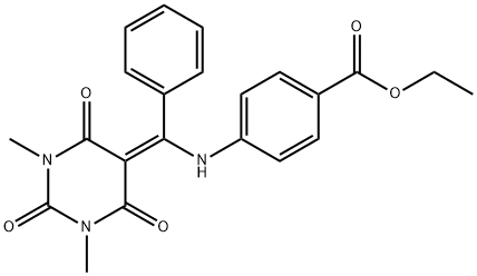 ethyl 4-{[(1,3-dimethyl-2,4,6-trioxotetrahydro-5(2H)-pyrimidinylidene)(phenyl)methyl]amino}benzoate Struktur