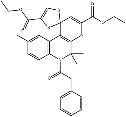 diethyl 5,5,9-trimethyl-6-(phenylacetyl)-5,6-dihydrospiro(1H-thiopyrano[2,3-c]quinoline-1,2'-[1,3]-dithiole)-3,4'-dicarboxylate Struktur