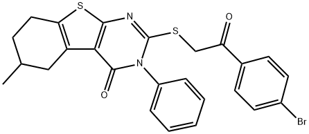 2-{[2-(4-bromophenyl)-2-oxoethyl]sulfanyl}-6-methyl-3-phenyl-5,6,7,8-tetrahydro[1]benzothieno[2,3-d]pyrimidin-4(3H)-one Struktur