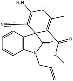 1-allyl-6'-amino-5'-cyano-1,3-dihydro-3'-methoxycarbonyl-2'-methyl-2-oxospiro[2H-indole-3,4'-(4'H)-pyran] Struktur