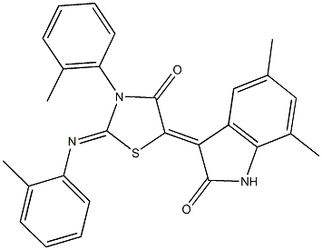 5,7-dimethyl-3-{3-(2-methylphenyl)-2-[(2-methylphenyl)imino]-4-oxo-1,3-thiazolidin-5-ylidene}-1,3-dihydro-2H-indol-2-one Struktur