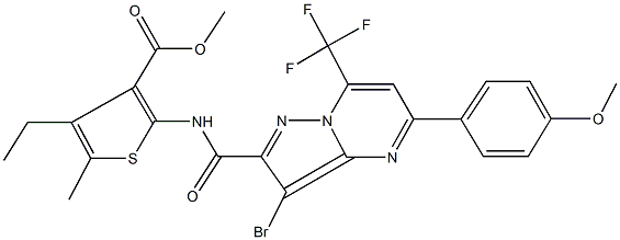 methyl 2-({[3-bromo-5-(4-methoxyphenyl)-7-(trifluoromethyl)pyrazolo[1,5-a]pyrimidin-2-yl]carbonyl}amino)-4-ethyl-5-methyl-3-thiophenecarboxylate Struktur