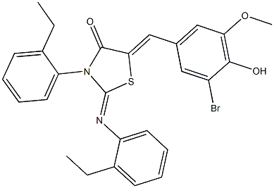 5-(3-bromo-4-hydroxy-5-methoxybenzylidene)-3-(2-ethylphenyl)-2-[(2-ethylphenyl)imino]-1,3-thiazolidin-4-one Struktur