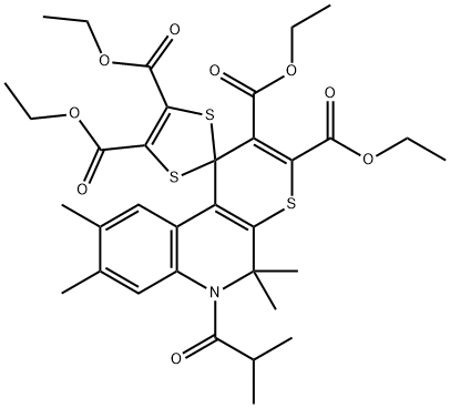 tetraethyl 6'-isobutyryl-5',5',8',9'-tetramethyl-5',6'-dihydrospiro[1,3-dithiole-2,1'-(1'H)-thiopyrano[2,3-c]quinoline]-2',3',4,5-tetracarboxylate Struktur